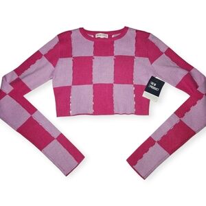 MIMOSA Womens Sz S Holy Checkerboard Knit Cropped Sweater Pink Purple